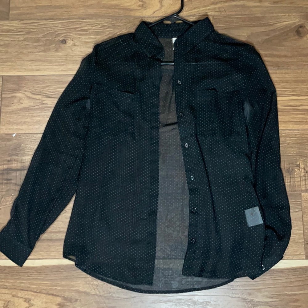 Black, sheer, polka dot button down